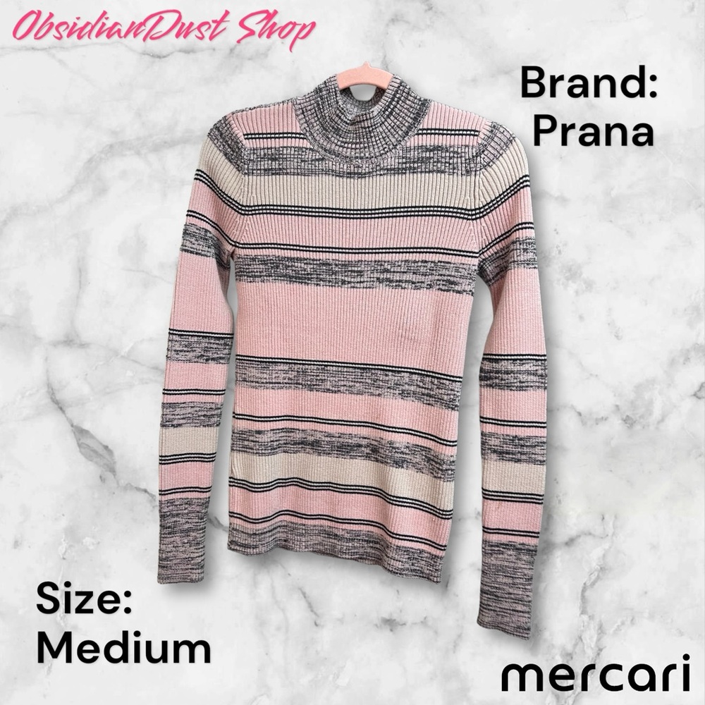 PrAna pink & gray striped & ribbed sweater - mock neck - size m - organic cotton